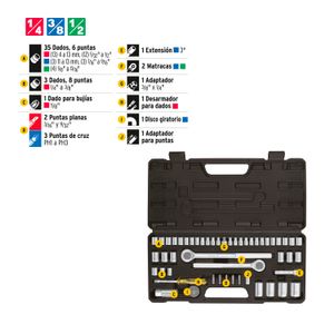 Juego 51 herramientas 1/4", 3/8" y 1/2" p/mecánico - PRETUL