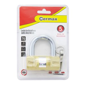 Candado de Barril de latón macizo de 70 mm con arco de acero endurecido cromado. USO PESADO. - CERMAX