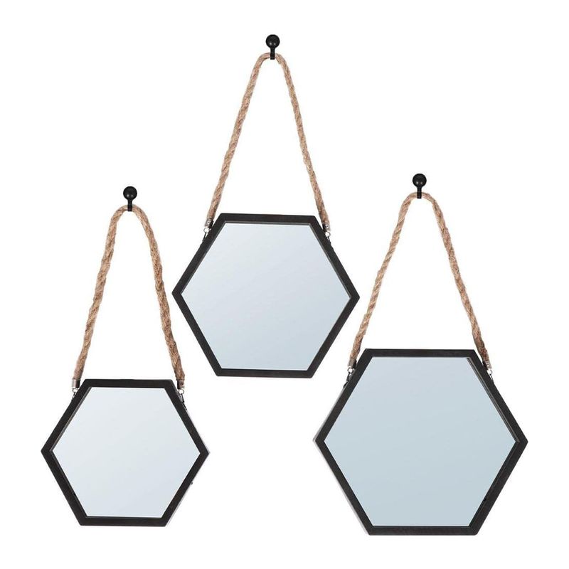 Set-de-espejos-forma-hexagonales-con-cuerda-y-marco-de-plastico-negro.