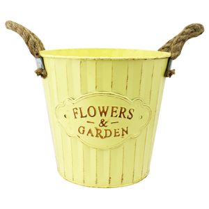 Maceta redonda decorativa galvanizada de 18 cm de diámetro con jaladeras de yute. - ORGILL