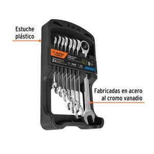 Juego llaves combinadas de 8 piezas con sistema RACHET de acabado pulido tipo espejo de fácil limpieza. - TRUPER EXPERT