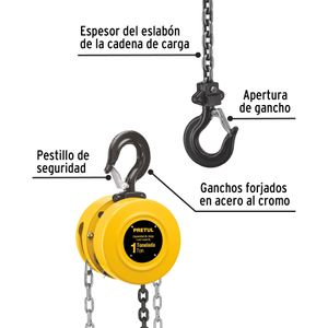 Tecle / Polipasto de cadena de levantamiento estándar de 3 m de altura con capacidad de 1 tonelada. - PRETUL