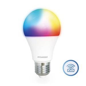 Foco LED SMART con base E27, luz RGB + luz blanca + luz cálida y conexión WiFi mediante app. Consumo 9W a 806 lúmens. - SYLVANIA
