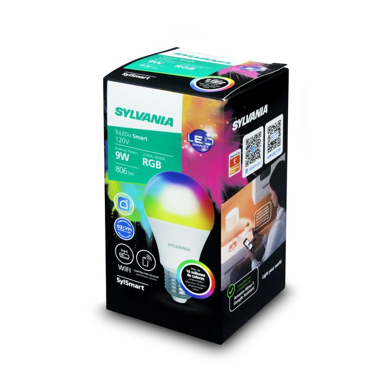 Foco-LED-SMART-con-base-E27-luz-RGB---luz-blanca---luz-calida-y-conexion-WiFi-mediante-app.-Consumo-9W-a-806-lumens.