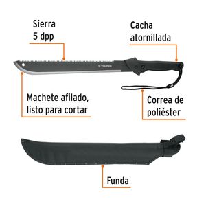 Machete doble filo de 18 pulgadas con sierra de 5 dpp y empuñadura inyectada. - TRUPER