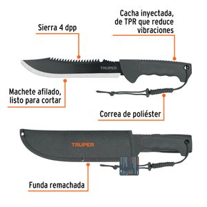 Machete doble filo táctico de 10 pulgadas con sierra de 4 dpp y empuñadura inyectada. - TRUPER