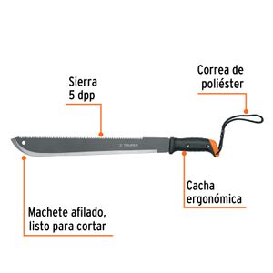 Machete doble filo táctico de 18 pulgadas con sierra de 5 dpp y empuñadura ergonómica atornillada. - TRUPER
