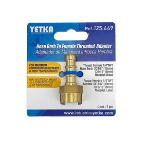 Adaptador para manguera de 10mm DE /8mm DI a rosca hembra 1/4" NTP. - YETKA