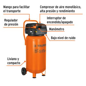 Compresor libre de aceite compacto 50L, 3HP 127V - TRUPER