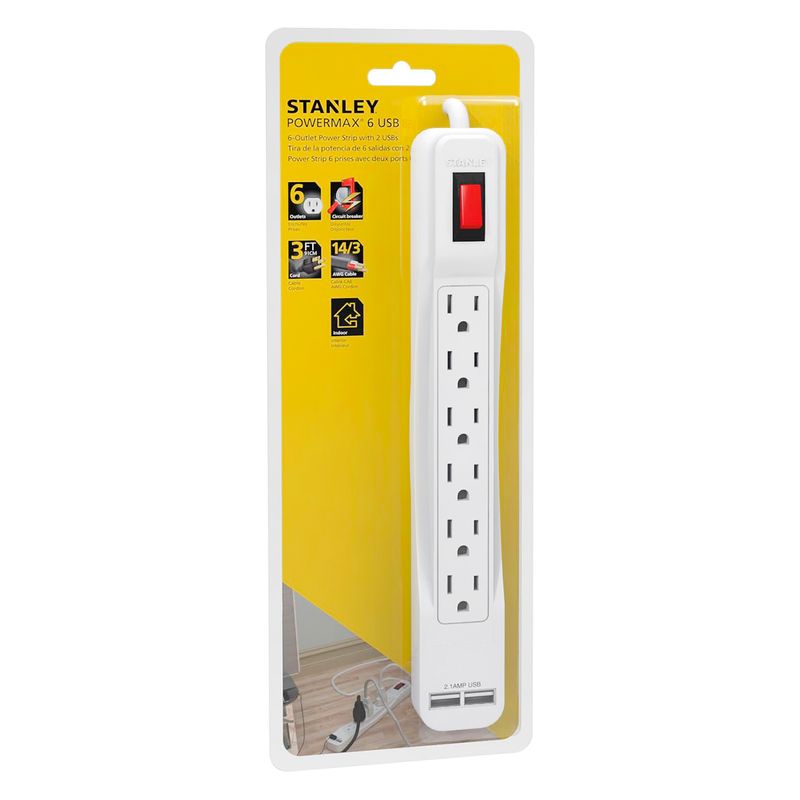 Regleta-con-6-salidas-aterrizadas---2-puertos-USB-de-carga-de-2.1-Amp.