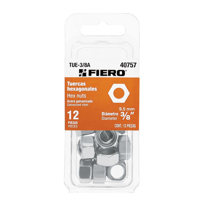 Blister-con-12-tuercas-hexagonales-de-3-8--de-acero-galvanizado.