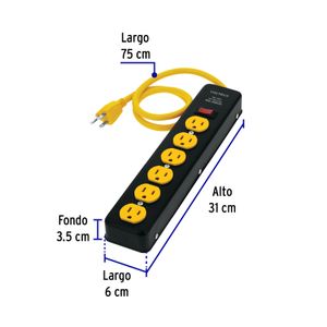 Cortapico lineal de 6 tomas, 75cm negro con amarillo - VOLTECK