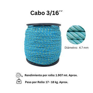 Cabo plástico 3/16" de polipropileno, en rollo de 1907 m aprox. y 289 kg de resistencia a la ruptura. - DIPOJAR