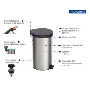 Basurero NEW de acero inoxidable con pedal de 20 lt negro. - TRAMONTINA