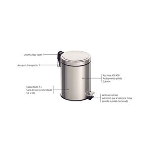 Basurero de acero inoxidable de 5 lt con pedal. - TRAMONTINA