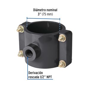 Abrazadera de 3" para toma domiciliaria y salida roscada de 1/2. - FOSET