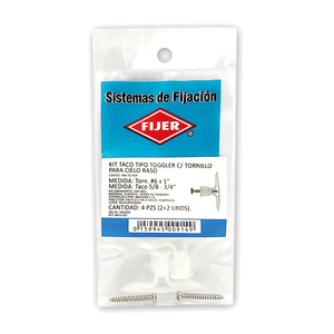 Kit de taco y tornillo TOGGLER de 5/8" - 3/4" - 6x1 para instalar Gypsum. - FIJER