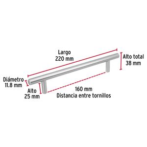 Tiradera cilíndrica de 160mm en níquel satinado - HERMEX