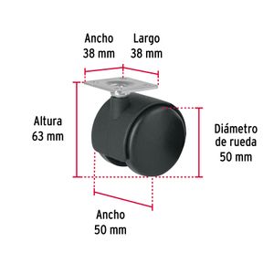 Garrucha tipo yoyo de 50 mm de Nylon con placa giratoria para 50 kg de carga. - FIERO