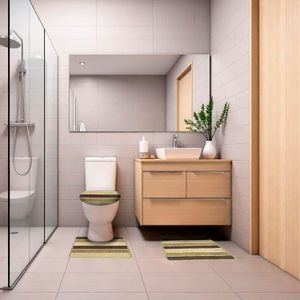 Juego de alfombrillas para baño de 3 piezas Presentación: Tonos café mostaza. - DECORBAÑO