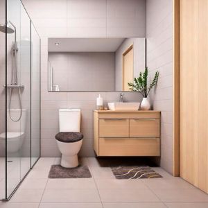 Juego de alfombrillas para baño de 3 piezas Presentación: Café con líneas curvas. - DECORBAÑO
