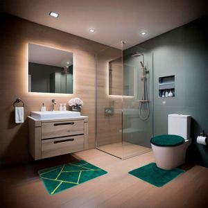 Juego de alfombrillas para baño de 3 piezas Presentación: Verde diseño mosaico. - DECORBAÑO
