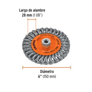 Carda circular 6" alambre trenzado, eje 5/8"-11 - TRUPER