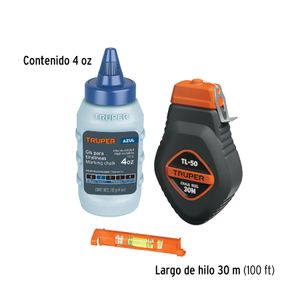 Tiza línea con tiza azul de 4oz, hilo de 30m y nivel - TRUPER