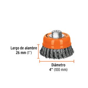 Carda copa 4" alambre trenzado fino, eje 5/8"-11 - TRUPER