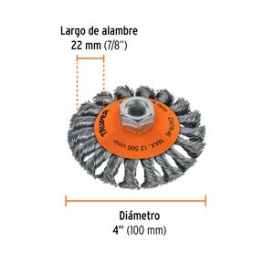 Carda tipo cónico 4" alambre trenzado, eje 5/8"-11 - TRUPER