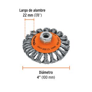 Carda tipo cónico 4" alambre trenzado, eje M14 - TRUPER
