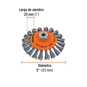 Carda tipo cónico 5" alambre trenzado, eje M14 - TRUPER
