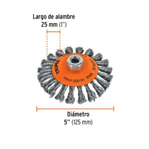 Carda tipo cónico 5" alambre trenzado, eje 5/8"-11 - TRUPER