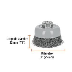 Carda copa 3" alambre ondulado fino, Multi-rosca - TRUPER
