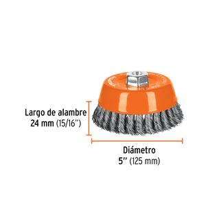 Carda copa 5" alambre trenzado grueso, eje M14 - TRUPER