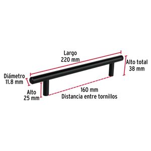 Tiradera cilíndrica de 160mm en negro mate - HERMEX