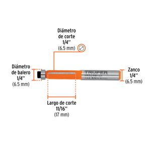 Broca para router, corte recto, 1/4" con balero - TRUPER