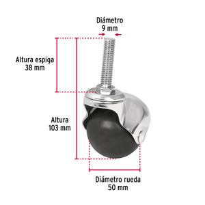 Garrucha redonda de 50 mm de Polipropileno con placa giratoria y espiga enroscada para 50 kg de carga. - FIERO