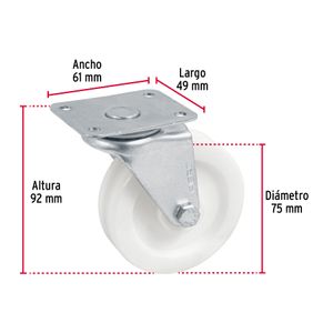 Garrucha de 75 mm de PVC con buje, placa giratoria para 40 kg de carga. - FIERO