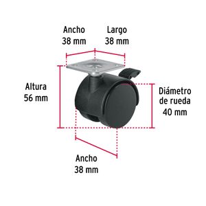 Garrucha de 40 mm de Nylon tipo yoyo con placa giratoria y freno para 30 kg de carga. - FIERO