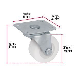 Garrucha de 50 mm de Polipropileno con buje y placa giratoria para 30 kg de carga. - FIERO