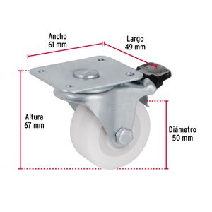 Garrucha de 50 mm con buje, placa giratoria, freno y 30 kg de carga - FIERO