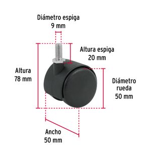 Garrucha tipo yoyo de 50 mm de Nylon con anclaje roscado para 40 kg de carga. - FIERO