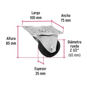 Garrucha de 65 mm de Caucho con buje y placa giratoria para 50 kg de carga. - FIERO