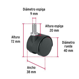 Garrucha tipo yoyo de 40 mm con Nylon con anclaje roscado para 20 kg de carga. - FIERO