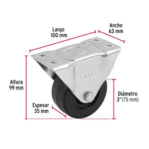Garrucha de 75 mm de Caucho con buje y placa fija para 50 kg de carga. - FIERO