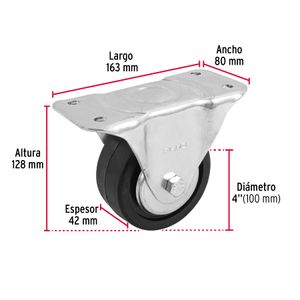 Garrucha de 100 mm de Caucho con rulimán y placa fija para 100kg de carga. - FIERO