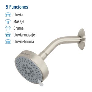 Regadera satín 4"con 5 funciones, con brazo - TRUPER