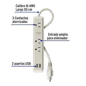 Multicontacto 16 AWG 3 entradas 2 puertos USB supresor 300 J - VOLTECK