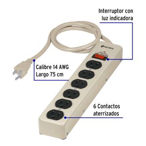 Multicontacto 14 AWG 6 entradas supresor de picos 600 joules - VOLTECK